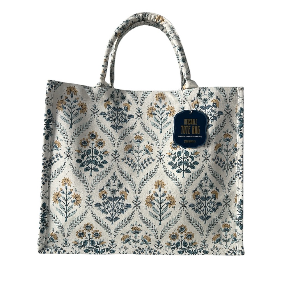 Floral Jacquard Tote Bag in Blue, White